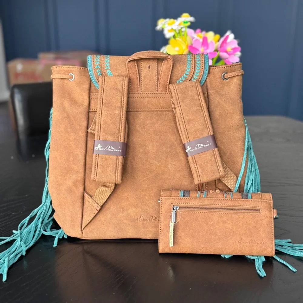 Montana West Fringe Buckle Collection Backpack Wallet Set- Brown